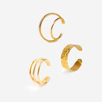 combinaison de bague d'oreilles anneau martelé, double anneau et triple anneau en plaqué or