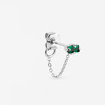 puce d'oreille argent chaîne fine, cristaux vert émeraude