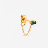 puce d'oreille dorée chaîne fine, cristaux vert émeraude