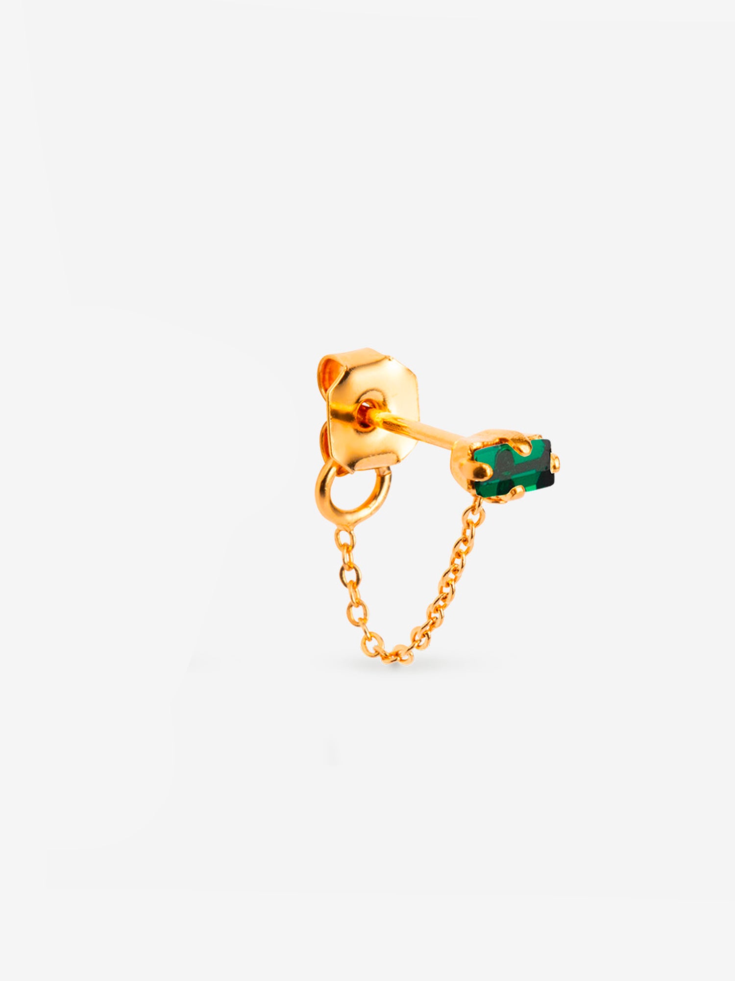 puce d'oreille dorée chaîne fine, cristaux vert émeraude