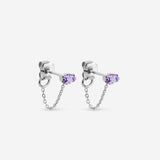 puces d'oreilles argent chaîne fine, cristaux lilas