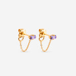 puces d'oreilles dorée chaîne fine, cristal lila