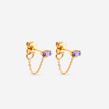 puces d'oreilles dorée chaîne fine, cristal lila
