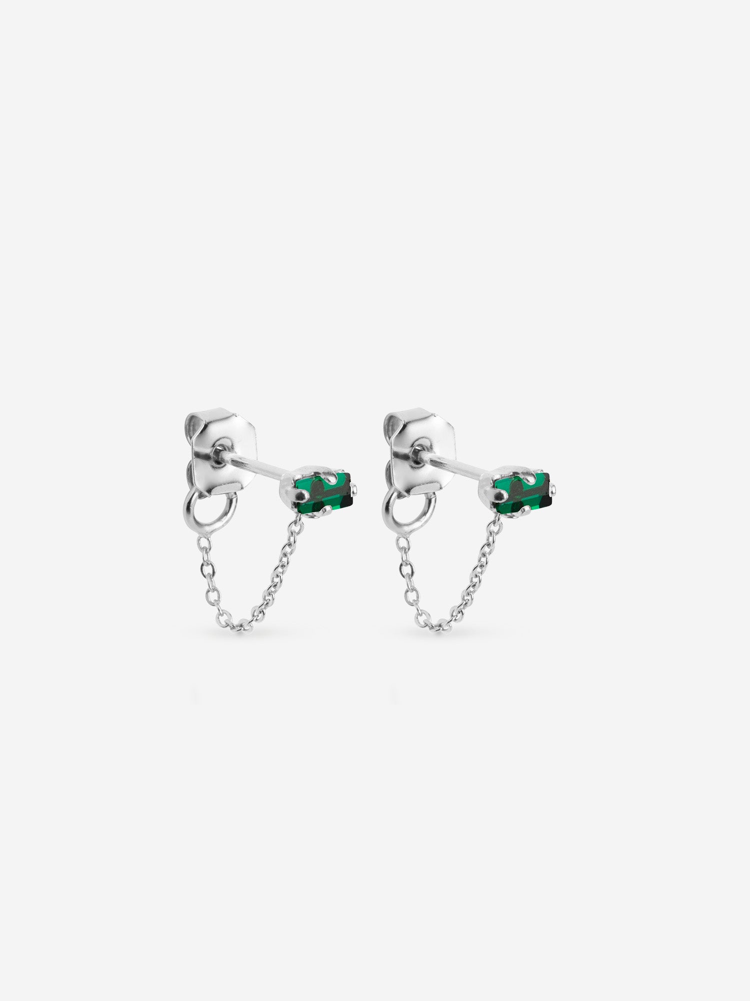 puces d'oreilles argent chaîne fine, cristaux vert émeraude