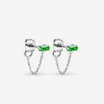 puces d'oreilles argent chaîne fine, cristal vert