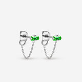 puces d'oreilles argent chaîne fine, cristal vert