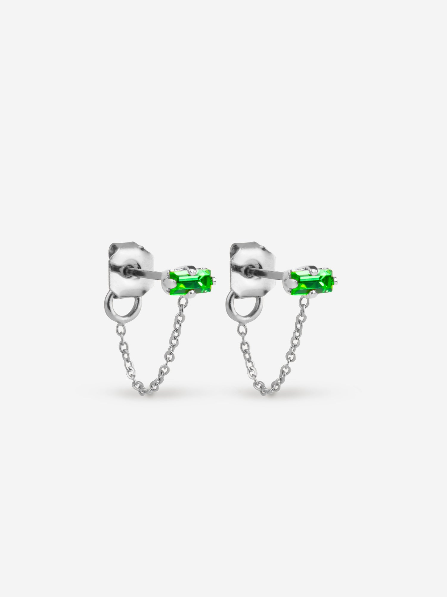 puces d'oreilles argent chaîne fine, cristal vert