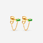 puces d'oreilles dorée chaîne fine, cristal vert