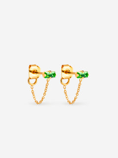 puces d'oreilles dorée chaîne fine, cristal vert
