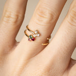 superposition de bague réglable fleur avec cristaux blanc ou rose, rubis et vert