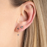 Mono boucle d'oreille chaine avec cristaux bleus, puce d'oreille avec cristaux bleus, piercing plaqué or