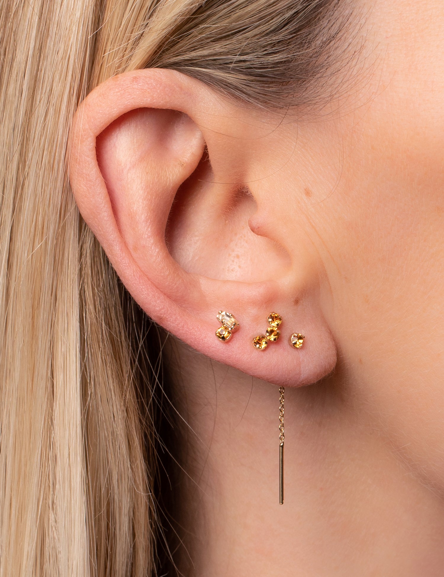 Puces d'oreilles, triple cristaux topazes, double cristaux topaze et champagne, chaine fine cristal topaze