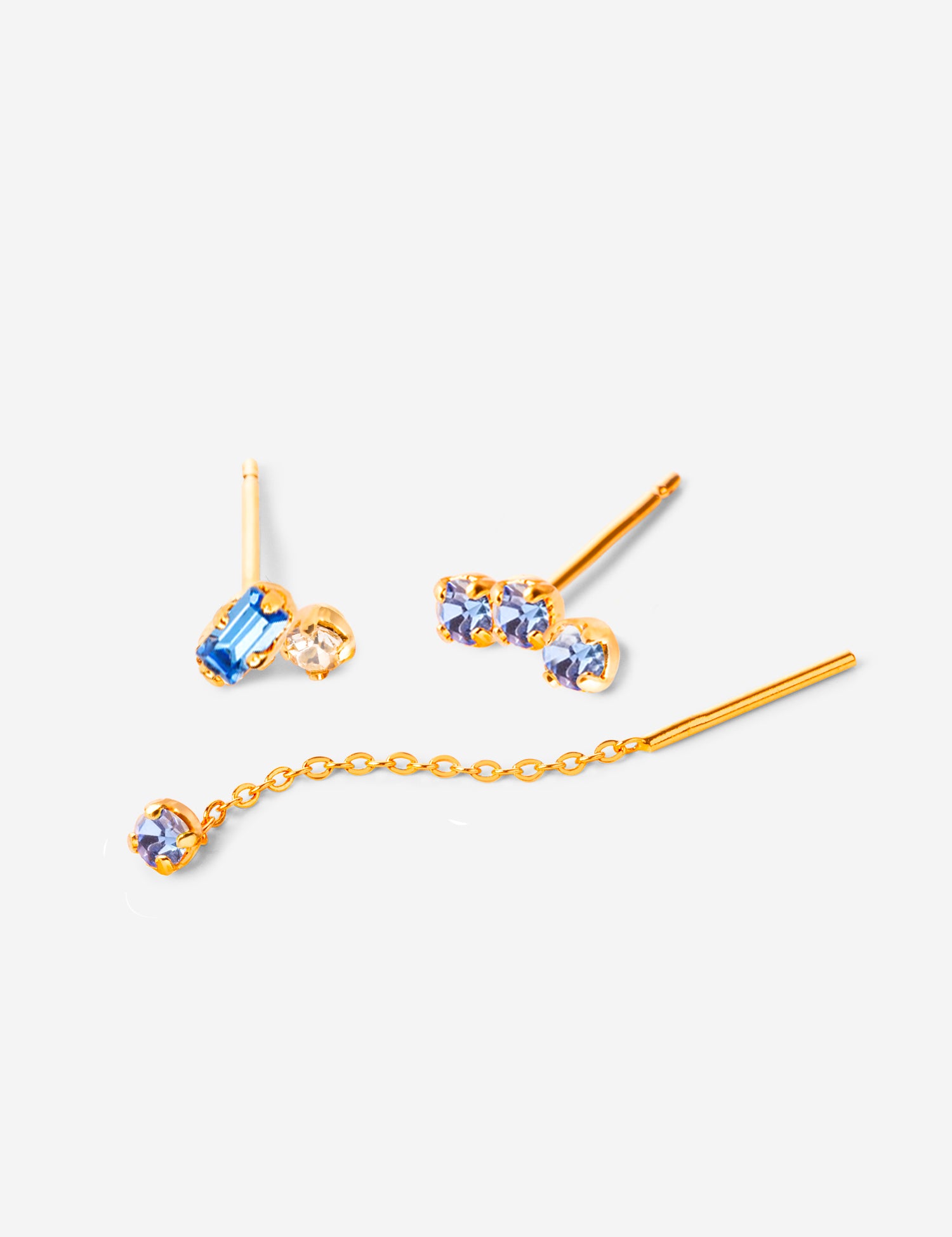 Puces d'oreilles, triple cristaux bleus, double cristaux bleus et champagne, chaine fine cristal bleu