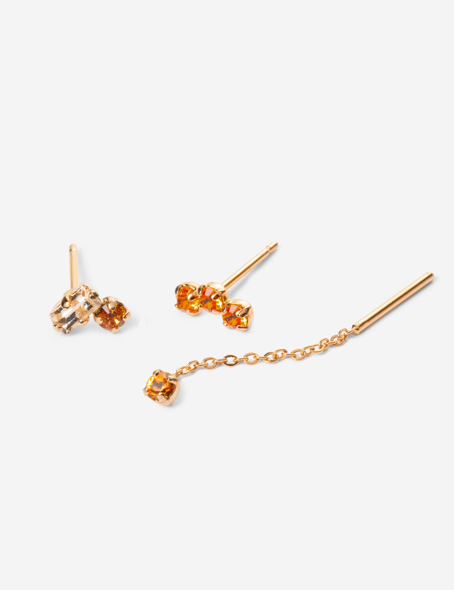 puces d'oreilles, doubles cristaux topaze et champagne, triple cristaux topaze, chaine fine et cristal topaze