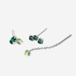 Puces d'oreilles, triple cristaux émeraudes, double cristaux émeraude et chrysolite, chaine fine cristal chrysolite