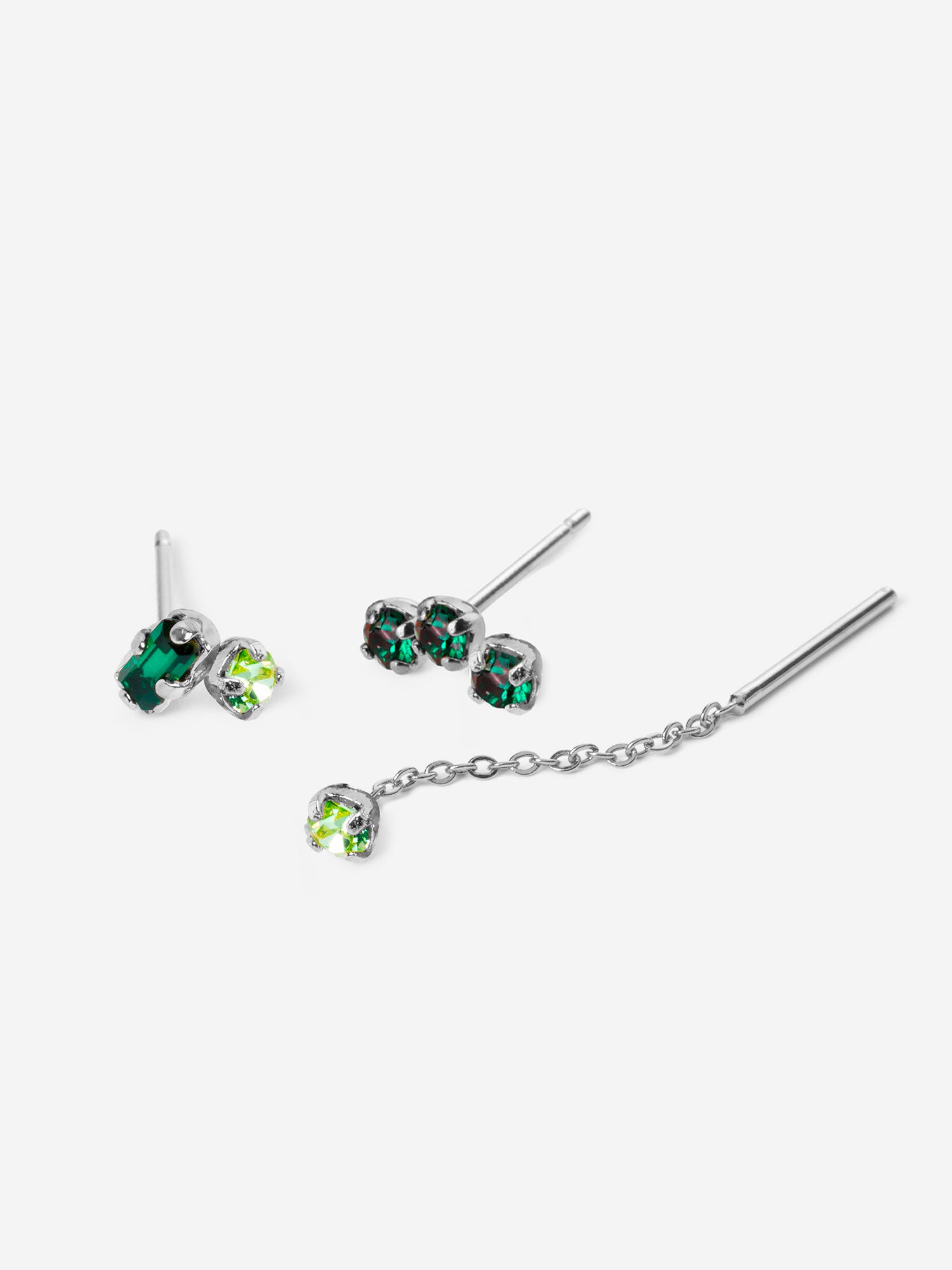 Puces d'oreilles, triple cristaux émeraudes, double cristaux émeraude et chrysolite, chaine fine cristal chrysolite