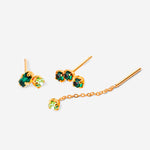 Puces d'oreilles, triple cristaux émeraudes, double cristaux émeraude et chrysolite, chaine fine cristal chrysolite