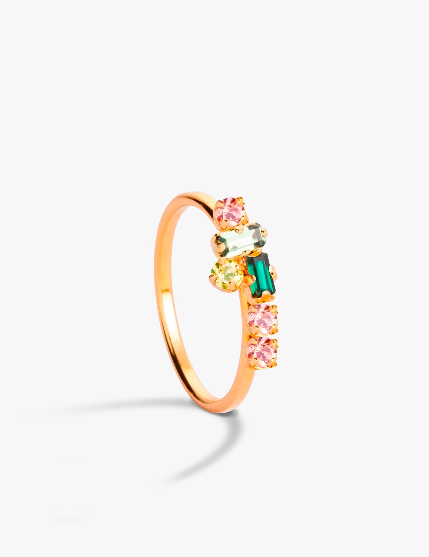 bague cristaux vert et rose, plaqué or