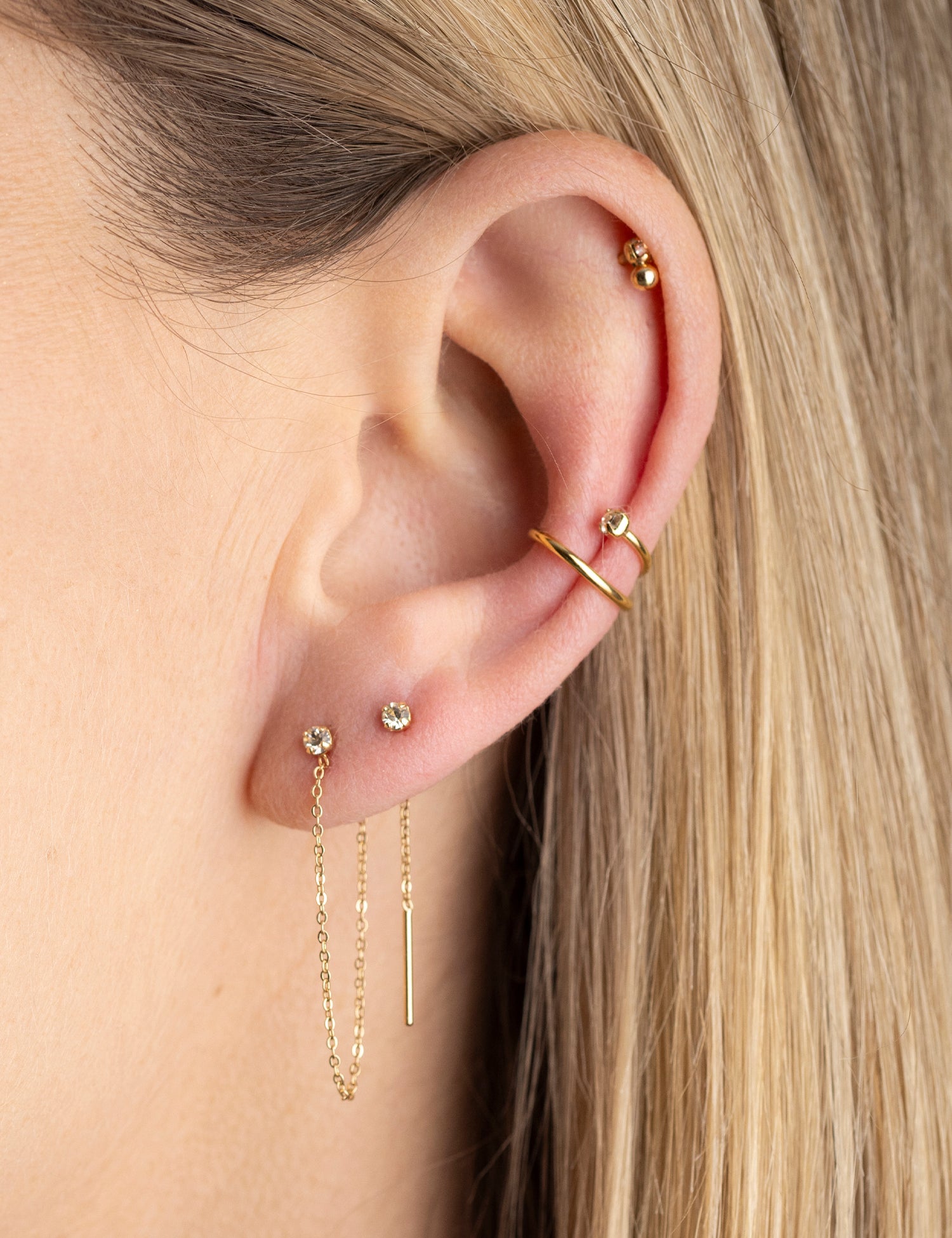 Bijoux plaqués or, piercing hélix cristal blanc, earcuff, boucle chaîne fine cristal blanc 