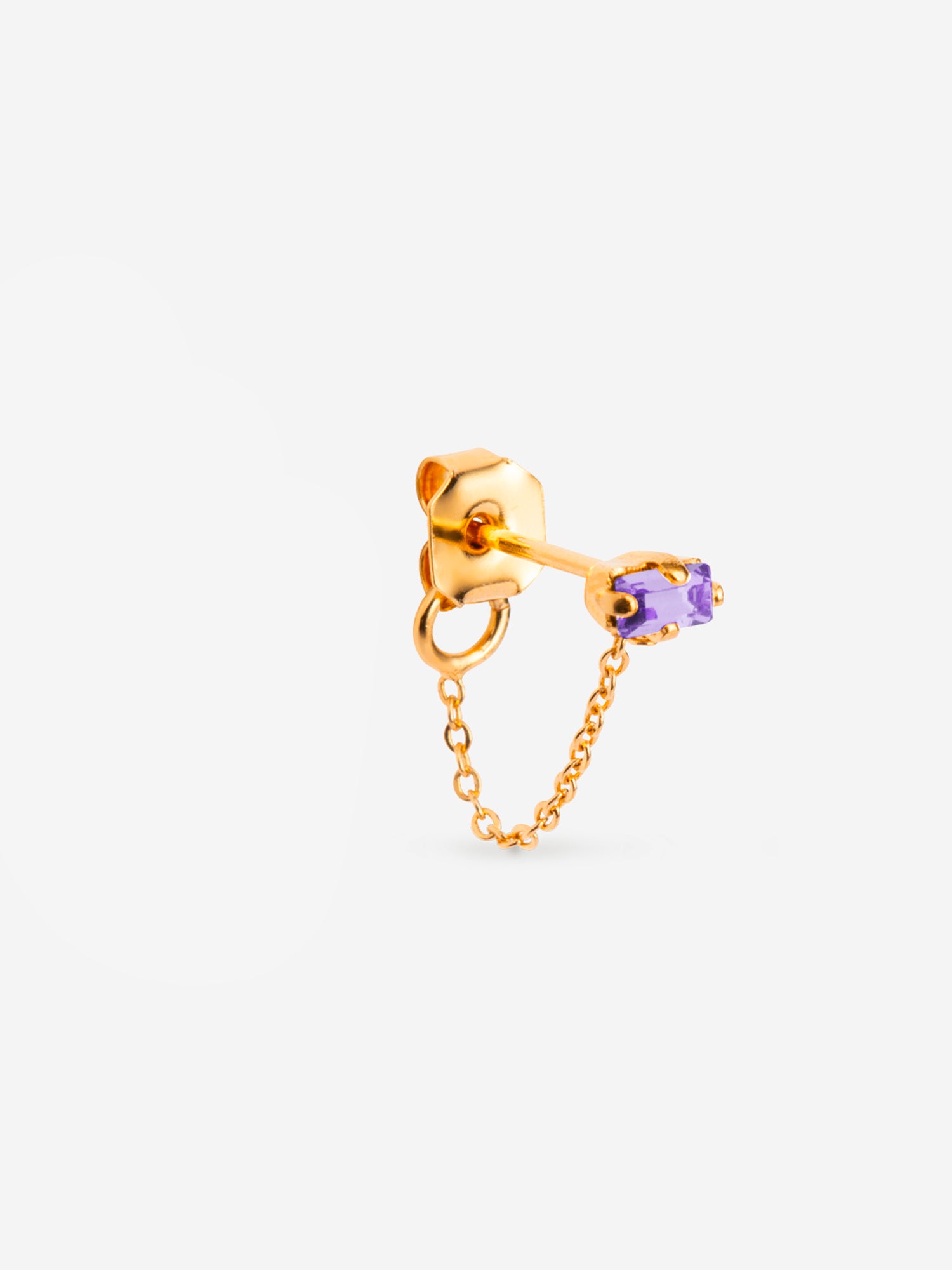 puce d'oreille dorée chaîne fine, cristal lila