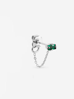puce d'oreille argent chaîne fine, cristaux vert émeraude