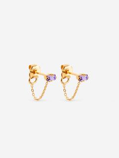 puces d'oreilles dorée chaîne fine, cristal lila
