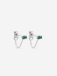 puces d'oreilles argent chaîne fine, cristaux vert émeraude
