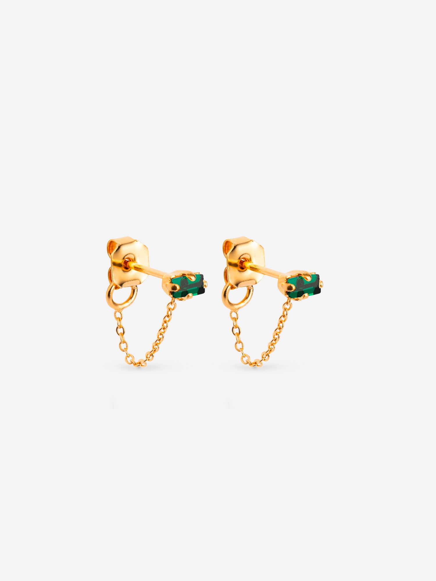 puces d'oreilles dorée chaîne fine, cristaux vert émeraude