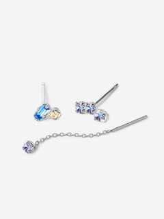 Puces d'oreilles, triple cristaux bleus, double cristaux bleus et champagne, chaine fine cristal bleu