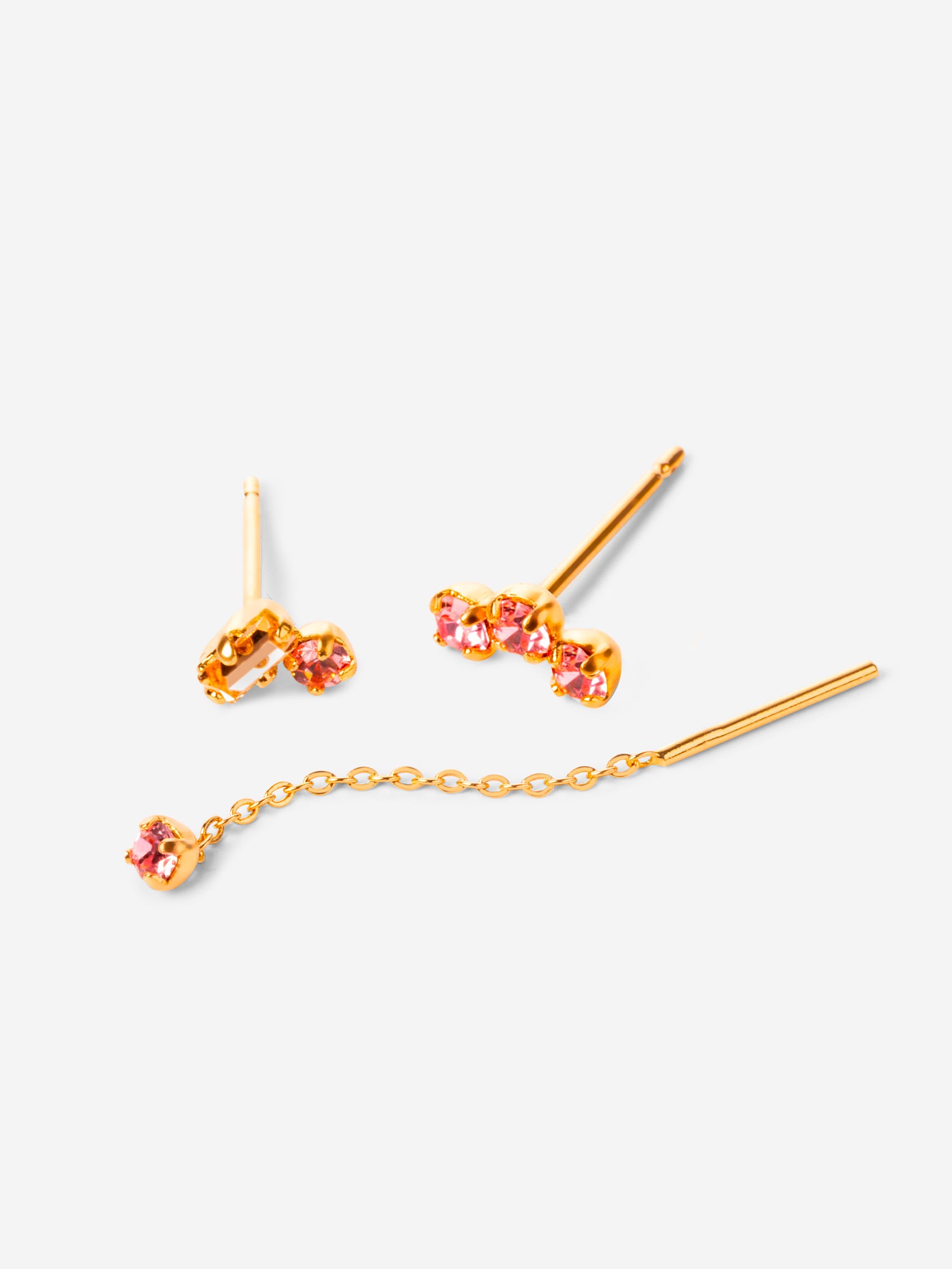Puces d'oreilles, triple cristaux roses, double cristaux rose et nude, chaine fine cristal rose