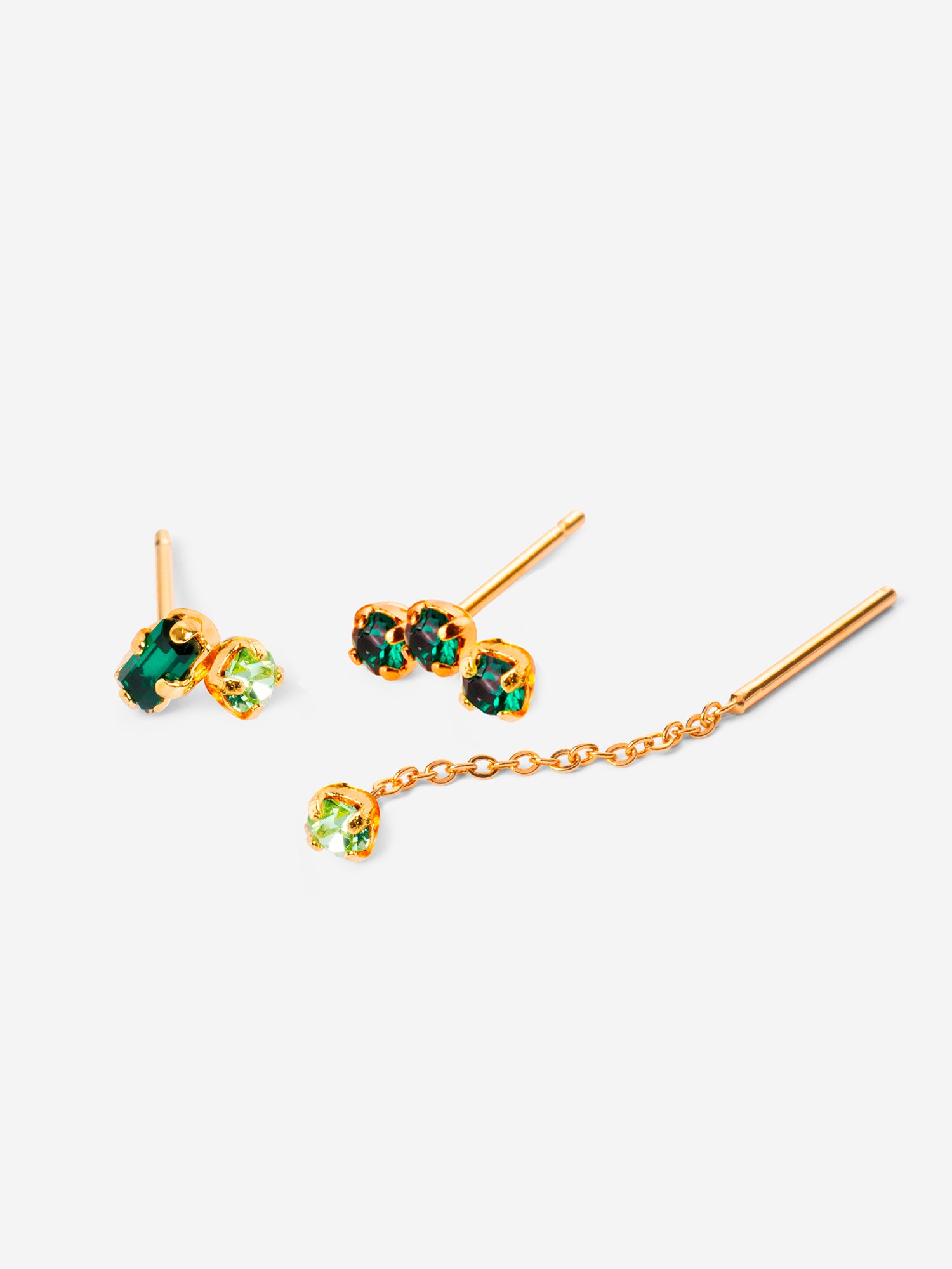 Puces d'oreilles, triple cristaux émeraudes, double cristaux émeraude et chrysolite, chaine fine cristal chrysolite